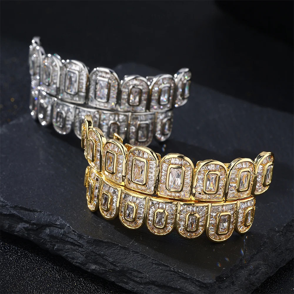 D Z Hip Pop Full Iced Out Square Cubic Zirconia Stones Grills Teeth For Men Women Rapper Fashion Jewelry 250606