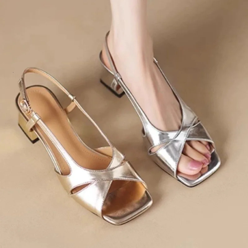Female Shoes Solid One-word Buckle Women Square Toe Sandals Summer Open Toe Chunky Heels Dress Sandals 250624