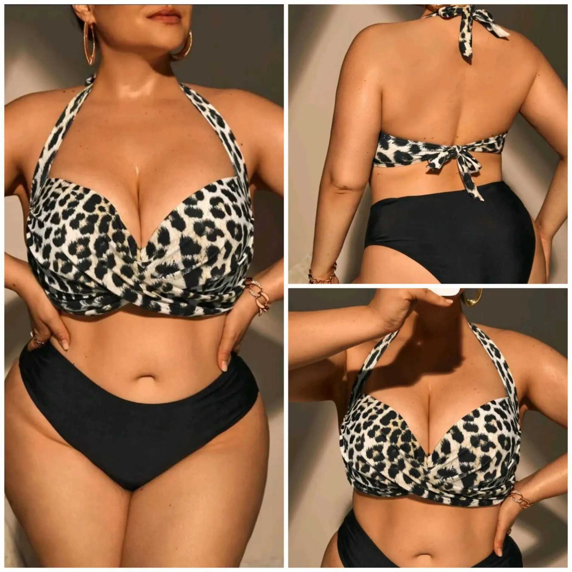2025 Plus Size 4XL Womens Two-Piece Underwire Bikini Set with Padded Bra Full Bust Support Swimwear Leopard Print Bathing Suit XJ250624