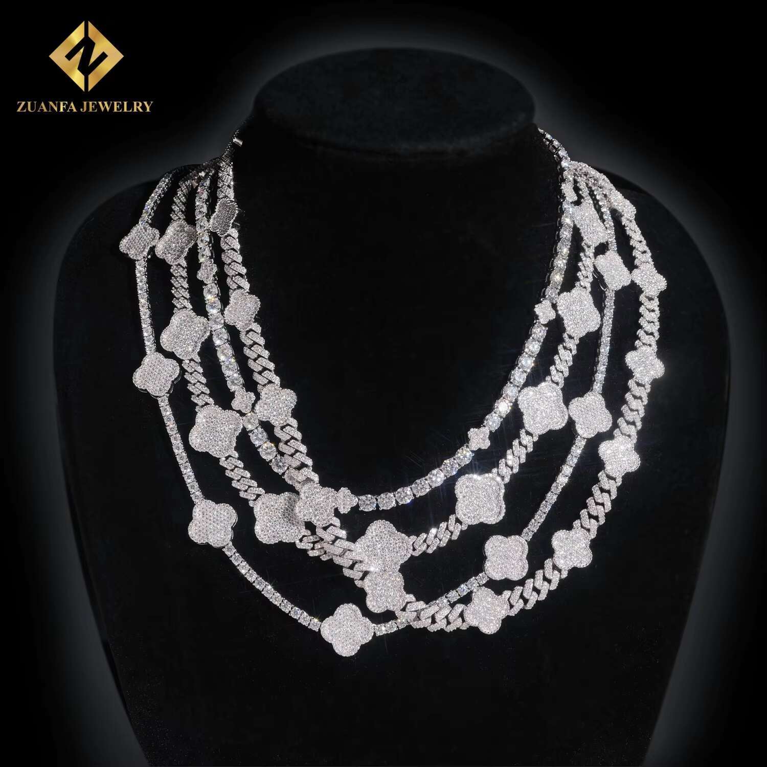4 Options Four Leaf Clover Vintage Cuban Chain Women Jewelry Iced Out 925 Silver VVS Moissanite Diamond Tennis Bracelet Necklace