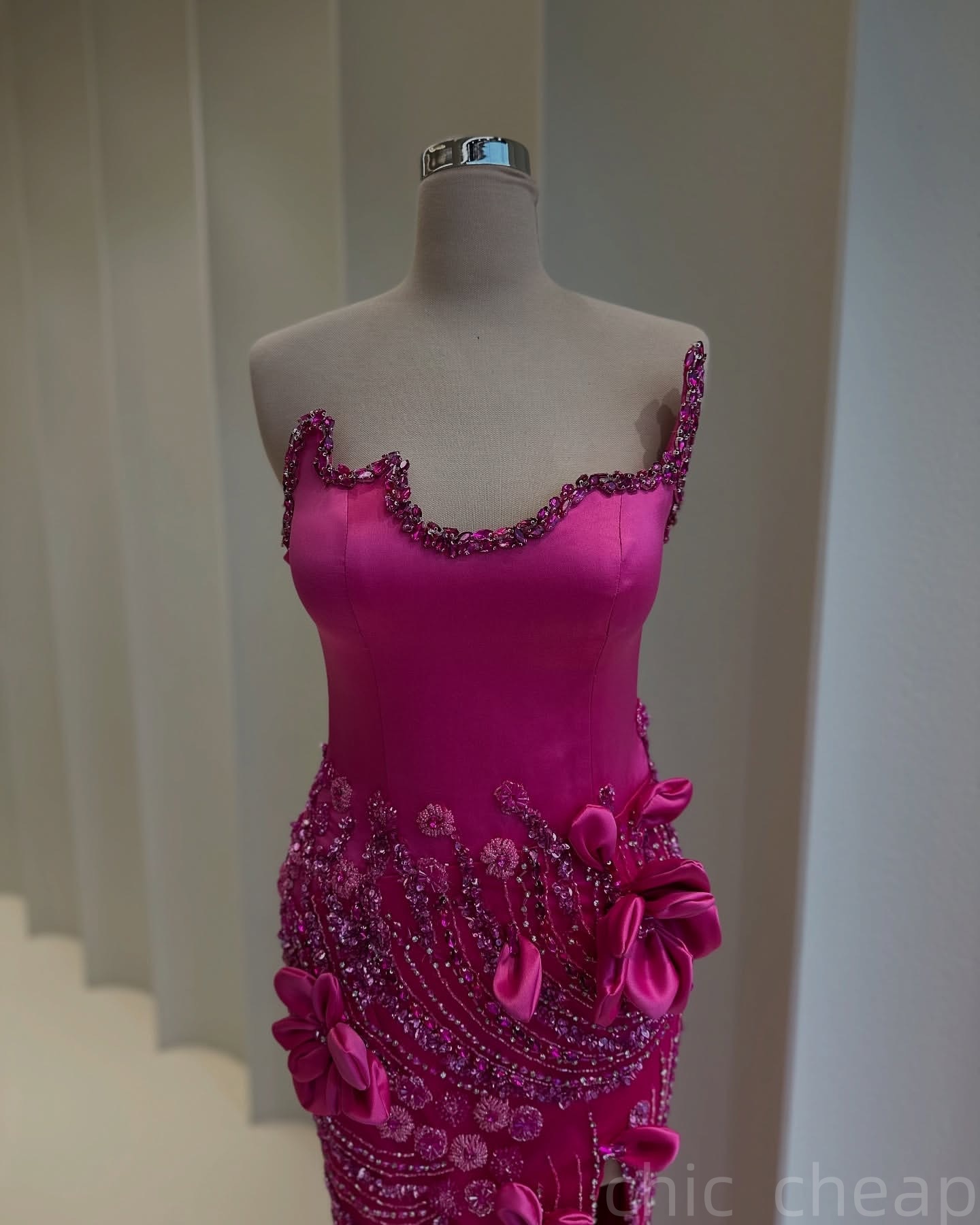 Fuchsia Mermaid Prom Dresses 2025 Sequined Flowers Crystals High Split Evening Formal Party Second Birthday Engagement Gowns Plus Size Dress For Speci