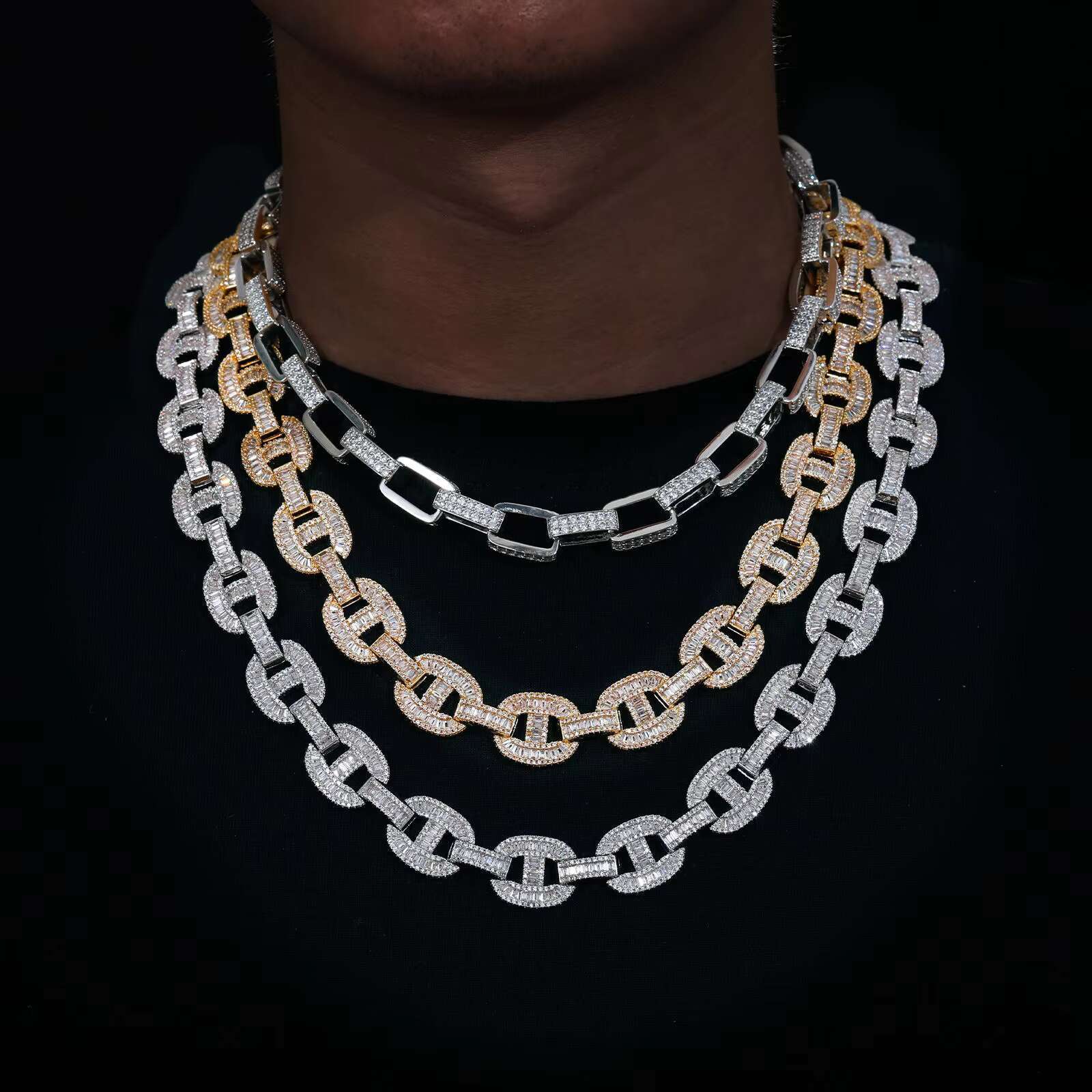 High Quality 16mm Baguette Hip Hop Link Chain 925 Sterling Silver Necklace Iced Out Cuban Necklace Men VVS Mossanite Necklace