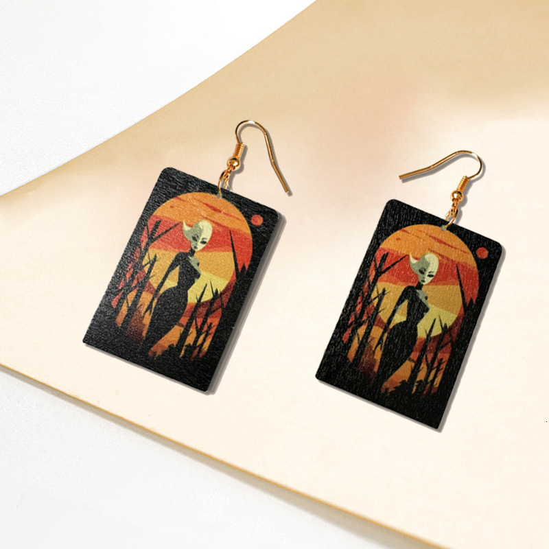 1 Pair Square Halloween Earrings for Women Alien Dark Style Sunset Celebration Double-Sided Print Funny