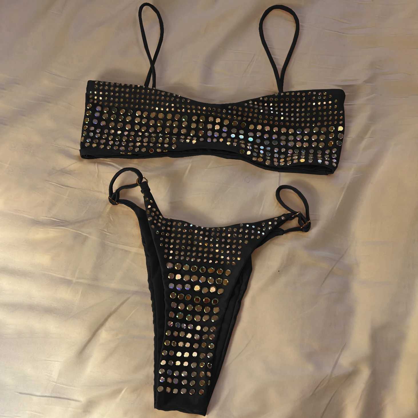 3Pcs Shiny Diamond Bikini Set Sexy Women Swimsuit Push Up Swimwear Female Biquini Halter Bathing Suit Solid Bodysuit Beachwear XJ250624