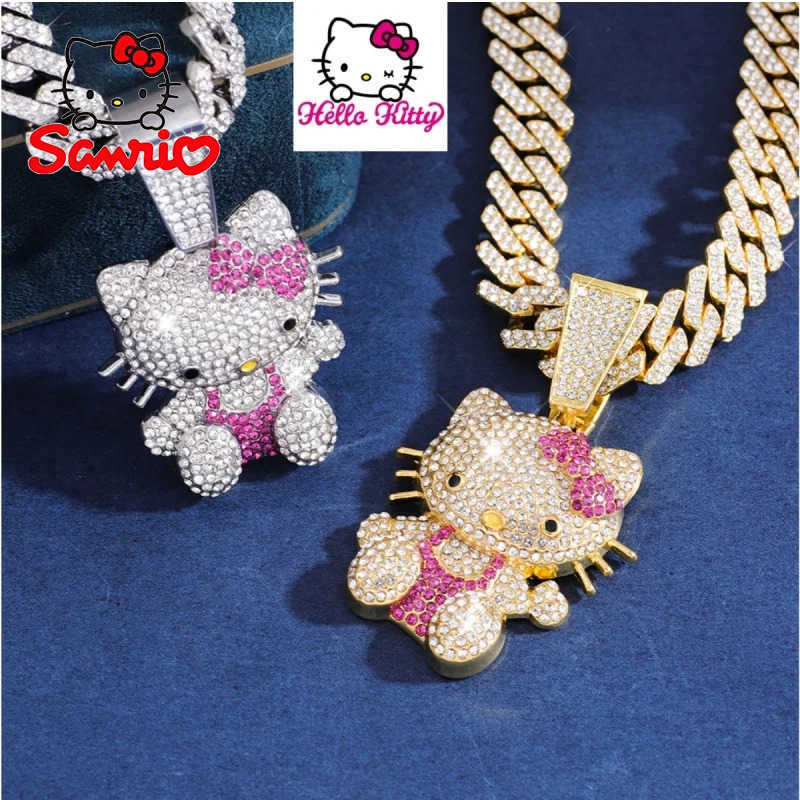 Sanrio Hello Kitty Necklace for Women Cartoon Full Diamond European and American Cute Cat Pendant Cuban Chain Jewelry Halloween w250625