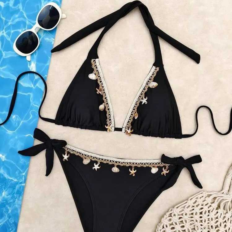 Bikini solid color lace-up shell pendant sexy bikini split swimsuit 2025 newXJ250624