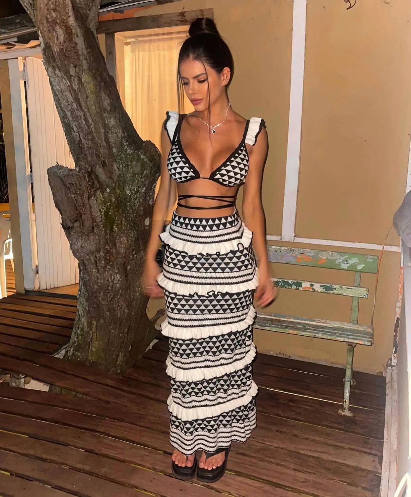 Cryptographic Elegant Ruffle Detail Sexy Backless Boho Dress Sets Club Outfits Bandage Knitting Top and Skirt Matching 250616