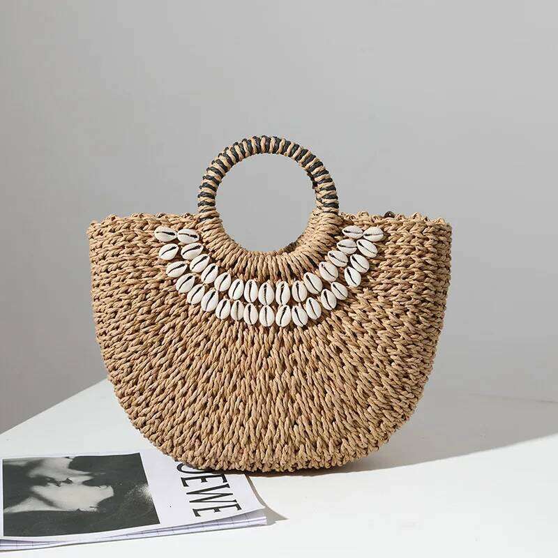New Fashion MOON Straw Handbags Summer Shell Beach Rattan Bag Handmade Vintage Woven Handbag For Women Bolsa Femme