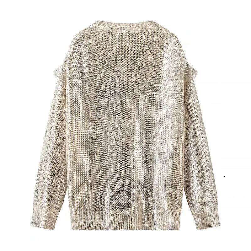 2024 Spring Women Retro Bronzing Sier Sweater Drop Shoulder Long Sleeve Rib Knitted Pullover Knitwear Jumper