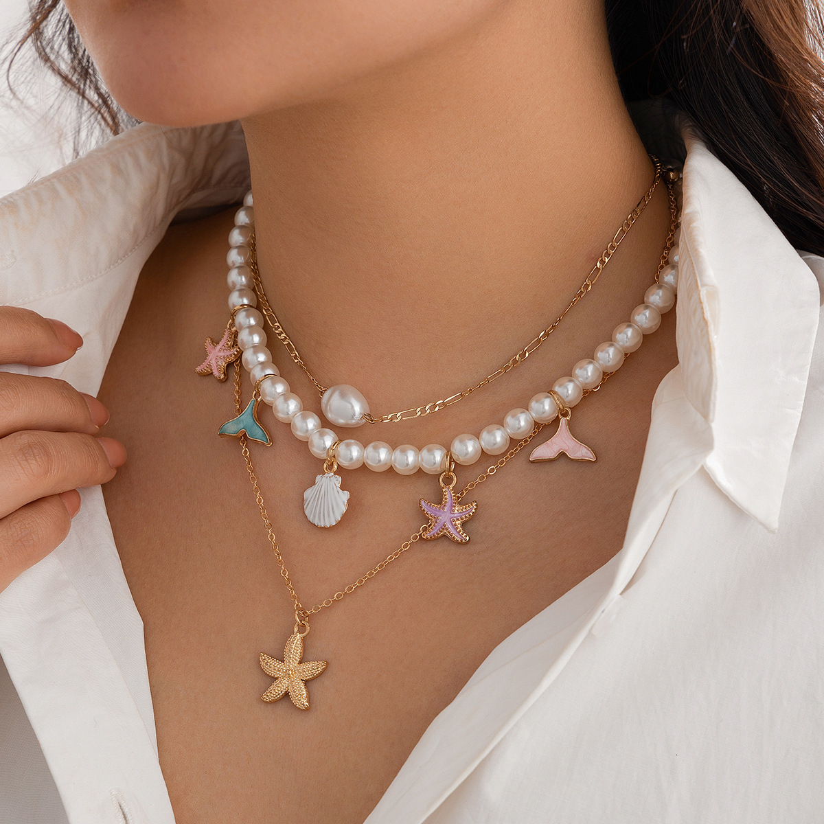 Jewelry Imitation Pearl Beach Mermaid Pendant Starfish Shell Vacation Necklace