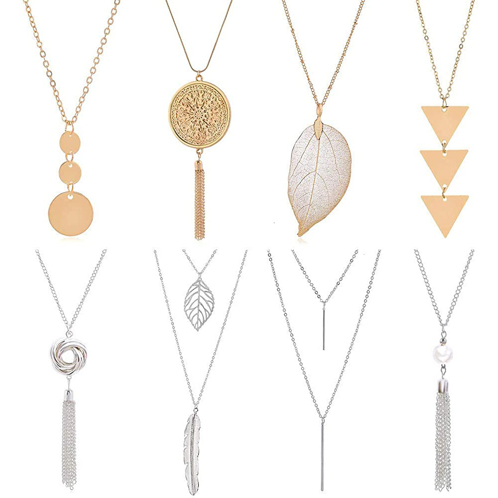 Jewelry 8-Piece Color-Retaining Tassel Geometric Necklace Set Fashion Exaggerated Round Ring Women's Sweater Chain Jewelry for Women