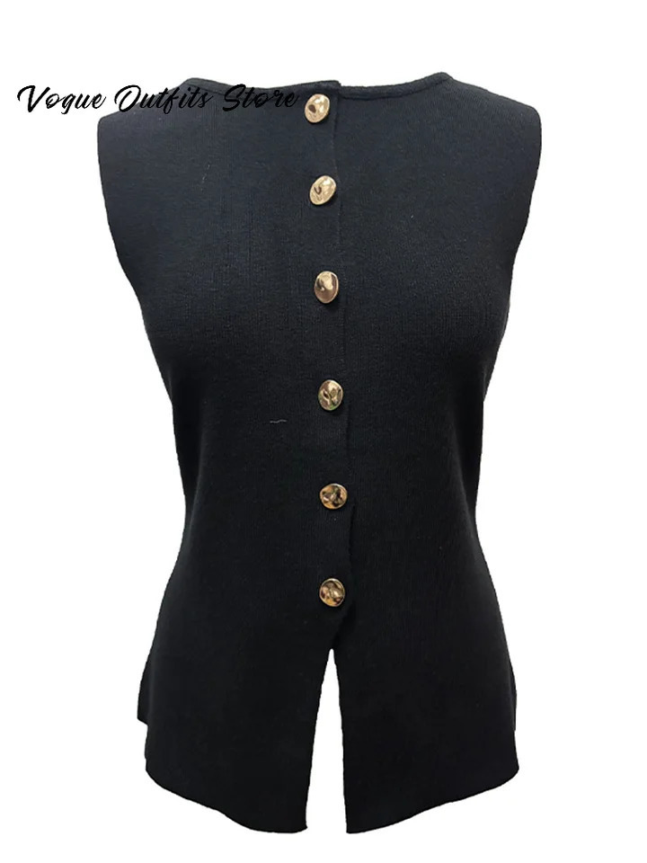 Elegant Solid Women Tops O-neck Sleeveless Single Breasted Slim Female Knitwear Spring Summer Fashion Lady Knitted Tank 250625