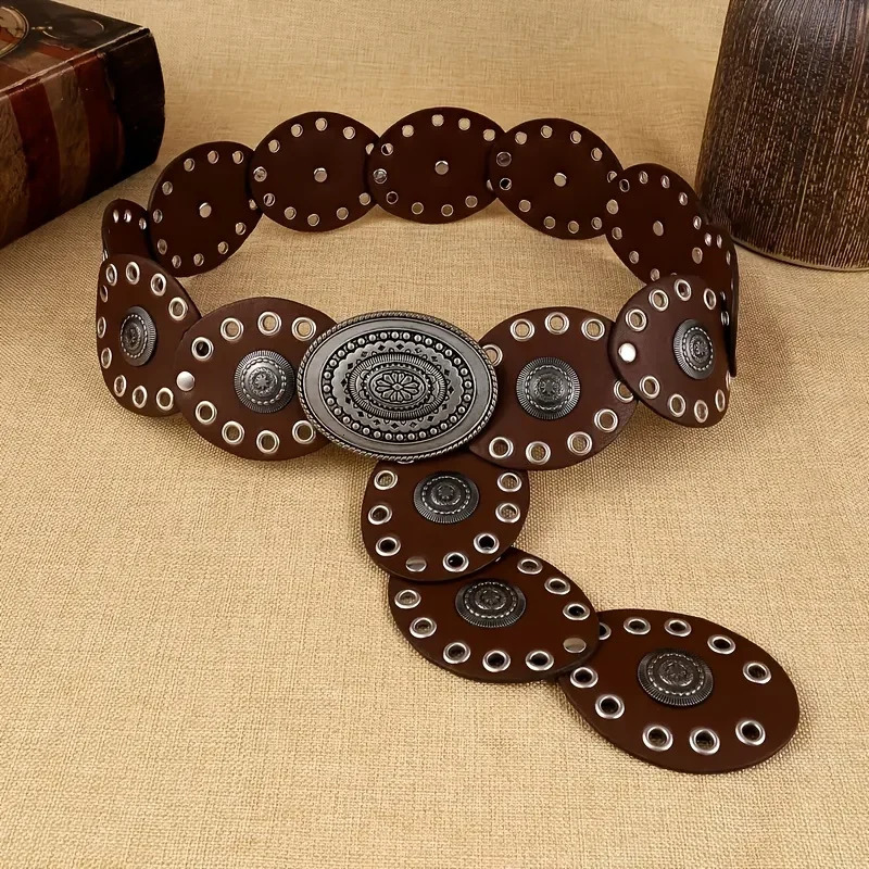 1pc Vintage Style WomenS Faux PU Belt with Oval Rivet Buckle Waistband Vintage Personalized Belts 250618