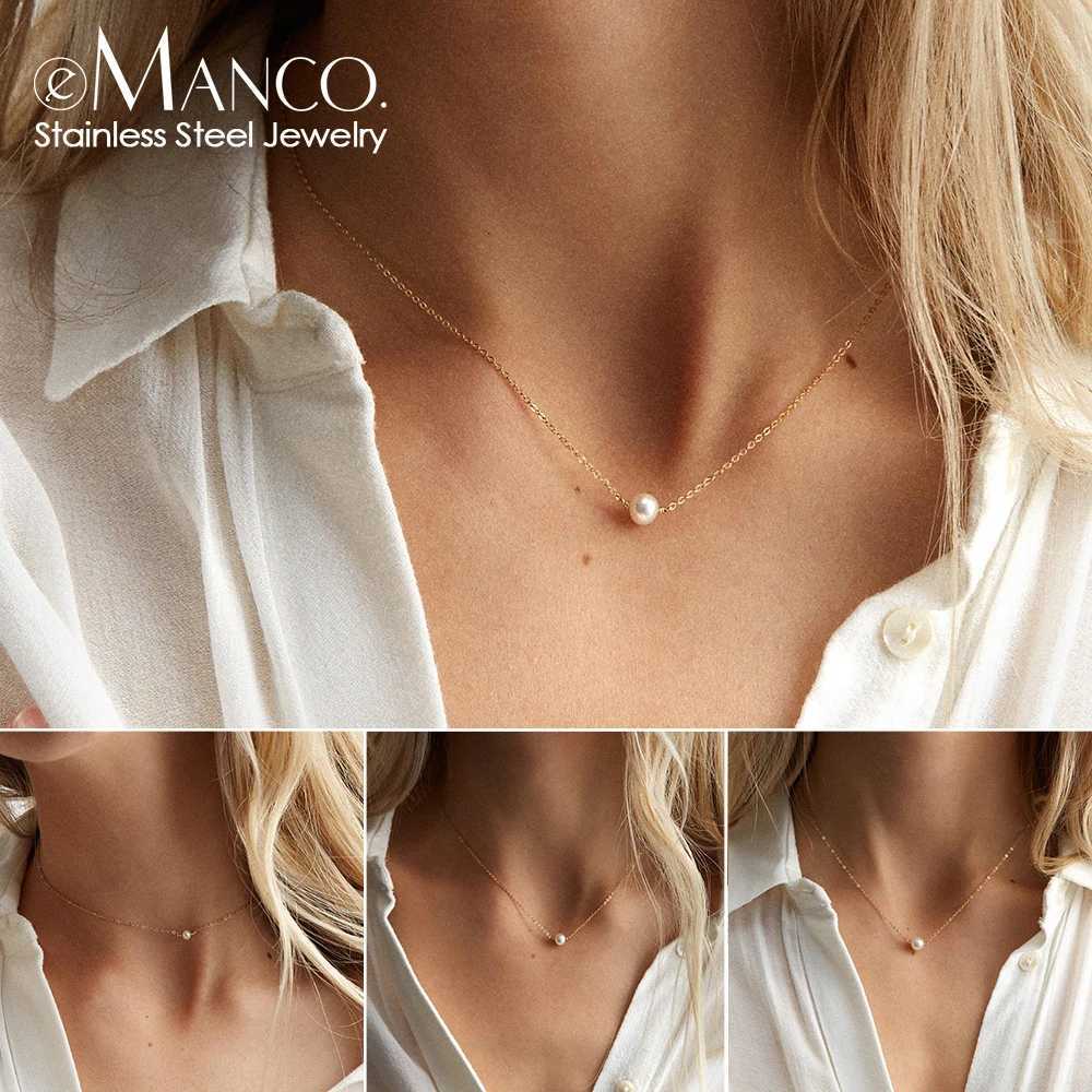 e-Manco Stainless Steel Choker Imitated Pearl Necklaces for Women Gold Color Layered Chain Necklace Jewelry M250625