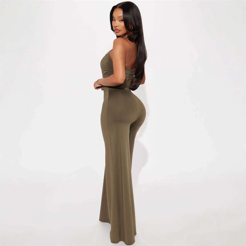 New Fashionable Elegant Solid Color Halter Neck Metal Design Backless Hollow Out Straight Leg Jumpsuit B5