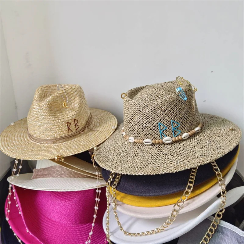 White straw hat pearl chain DIY flat top sun hat Korean elastic ribbon hat beach hat candy color sun hat 250624