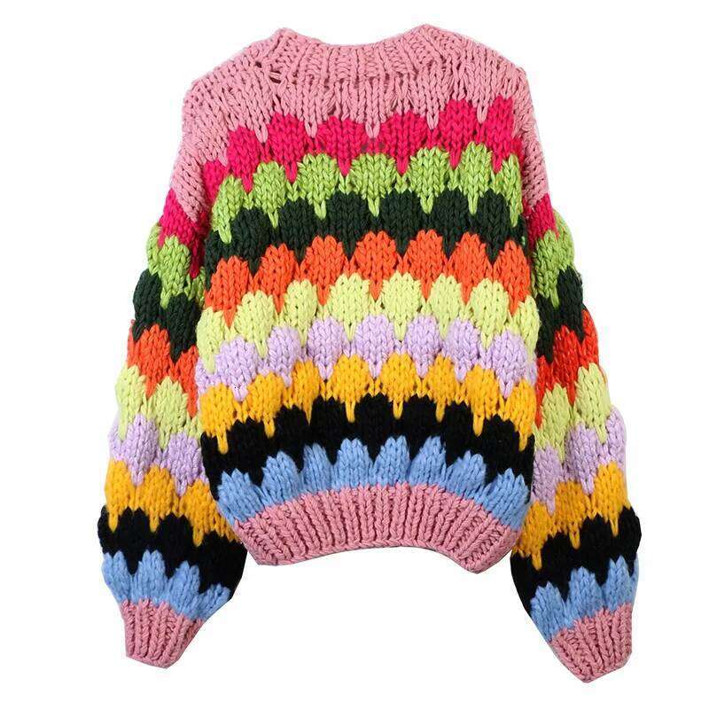 Jastie 2025 Autumn And Winter Women's Sweater Contrast Color Handmade Splicing Loose V-neck Thick Knitted Cardigan Coat