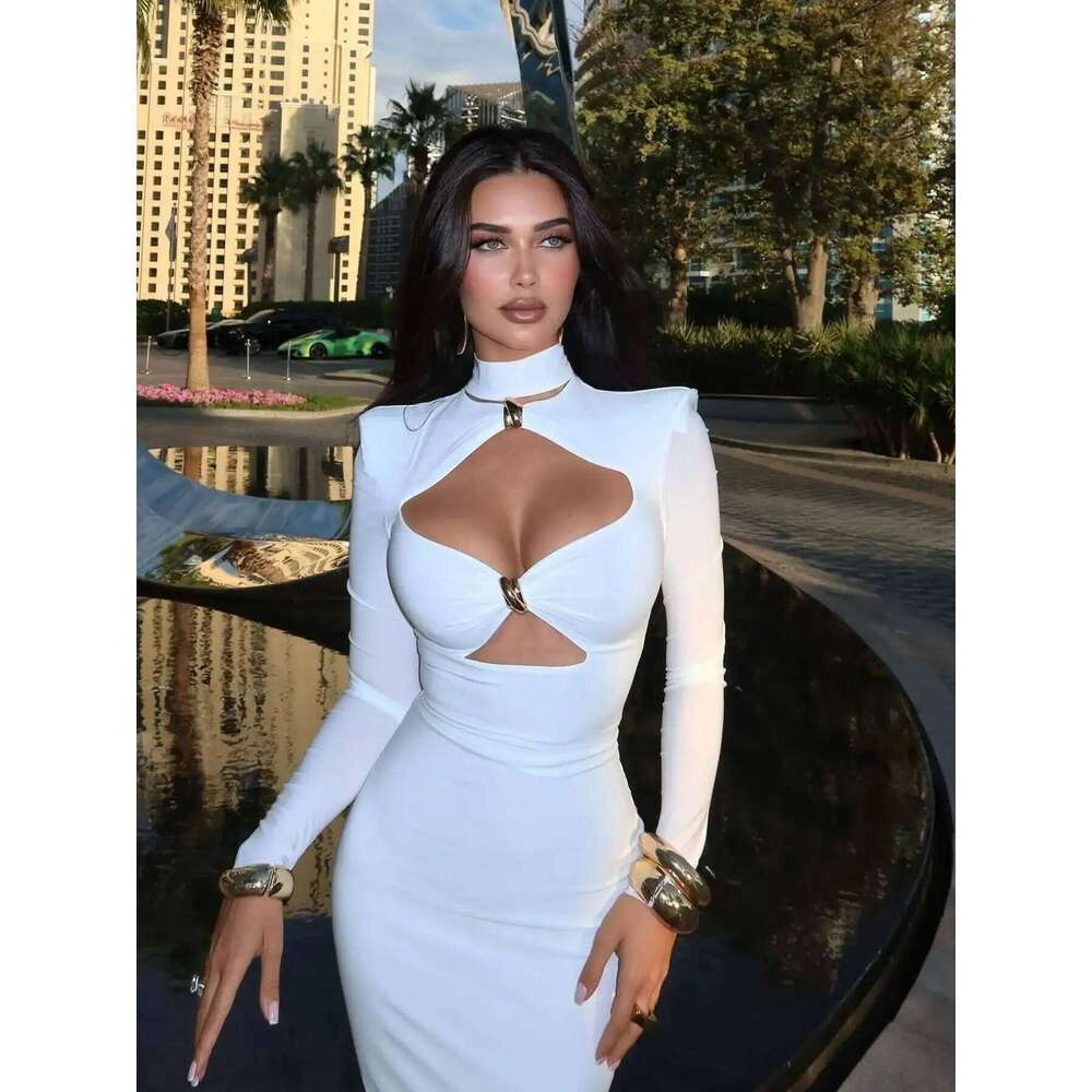 Cut Out Women V Neck Long Sleeve Casual Column Summer Sexy Turtleneck Party Midi Dress Gown