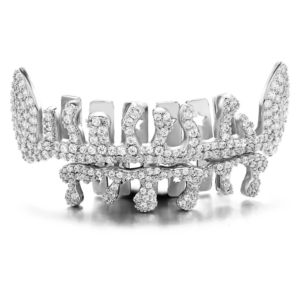 D Z Hip Pop Teeth Set Top Bottom Mouth Iced Out CZ Stones Tooth Caps Removable Dental Halloween Fashion Jewelry 250606