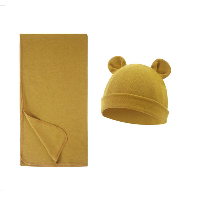 Wholesale Custom Knitted Bamboo Fiber High-Elasticity Baby Swaddle Wrap Set, Including Hat and Newborn Blanket