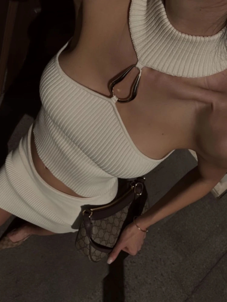 Summer White Sexy Cut Out Knitted Skirts Two Piece Set Cropped Tank Tops and Mini Holidays Party Dress Sets 2025 250614