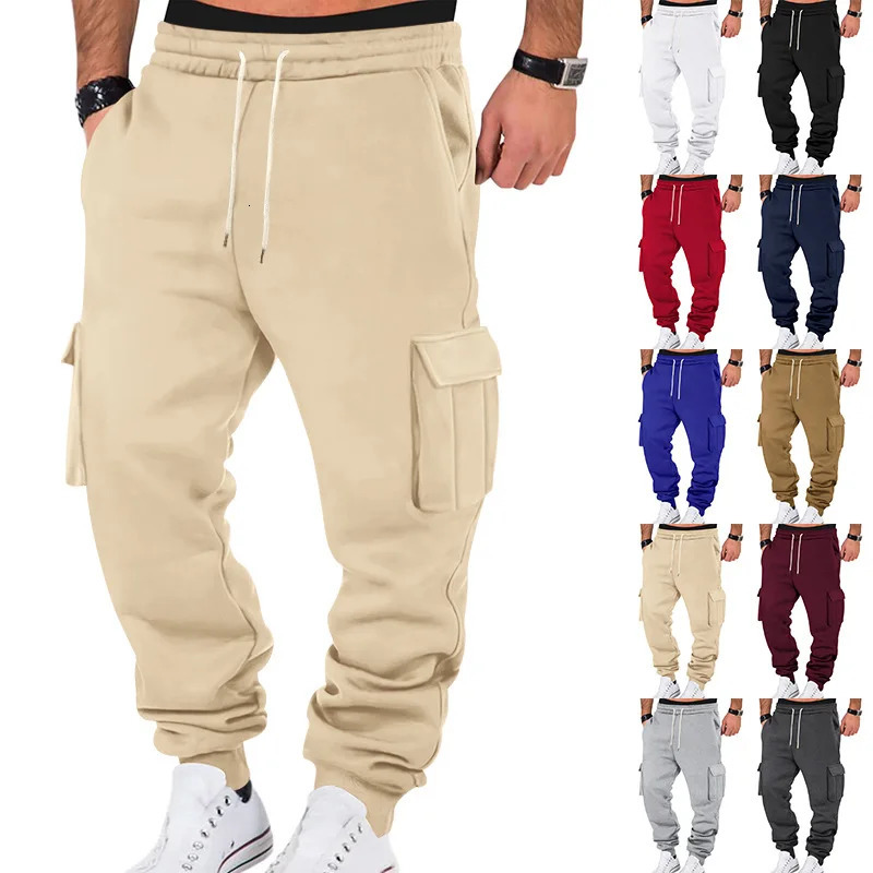 Autumn Winter Fleece Lined Mens Sweatpants MultiPocket Drawstring Cargo Pants Outdoor Sports Joggers Cuffed 250614