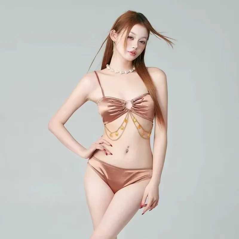 Sexy Bikini Skirt Swimsuit Womens New Champagne Color High-end Feeling Slimming Diamond Chain Three Piece Set XJ250624