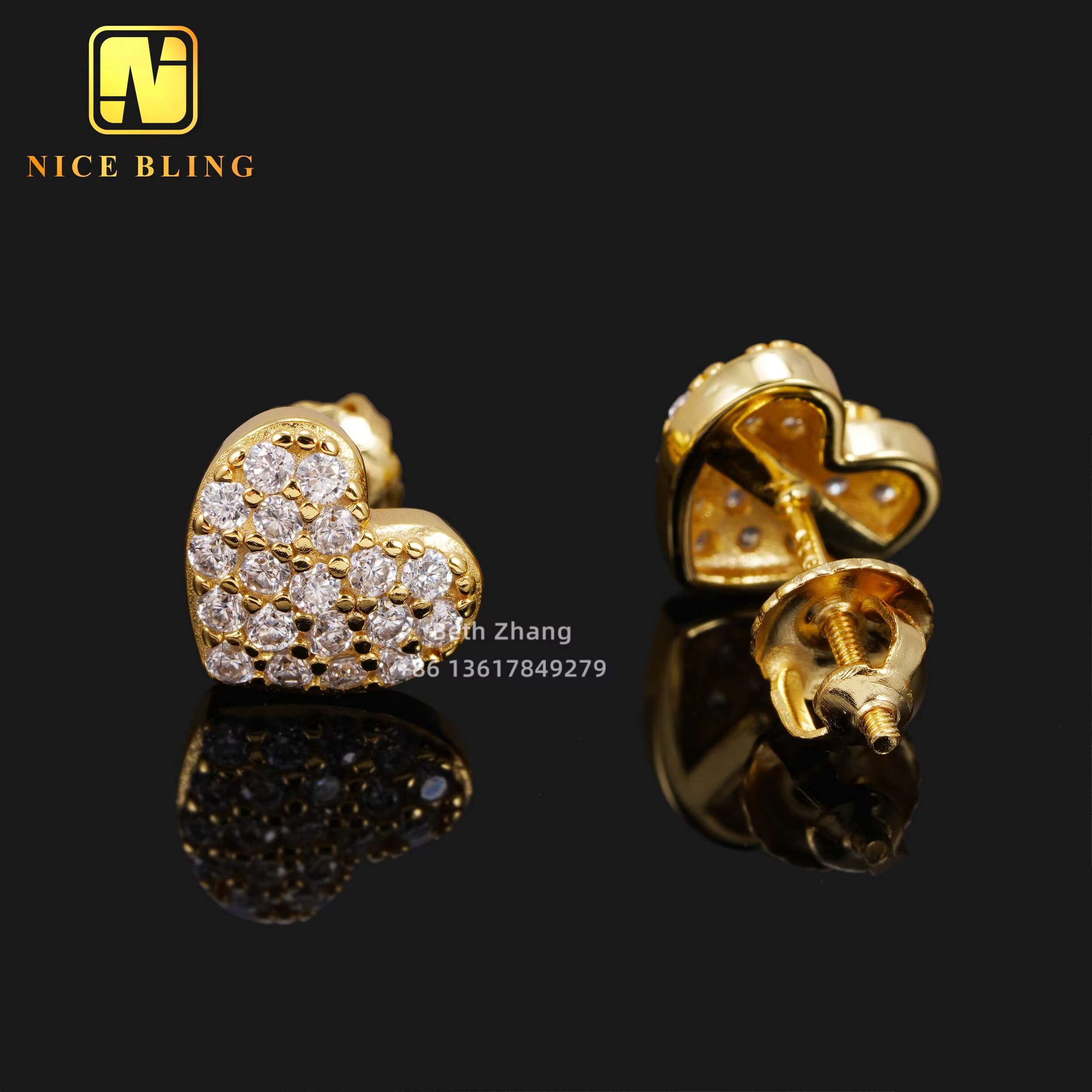 Iced Out Jewelry VVS Moissanite Diamond Earrings Hip Hop Heart Shape Ear Studs for Men Women