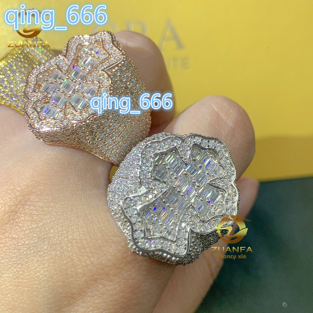 Fashion Cross Style Mans 925 Sterling Silver Ice Out Moissanite Diamond Hip Hop Rapper Jewelry Cuban Ring