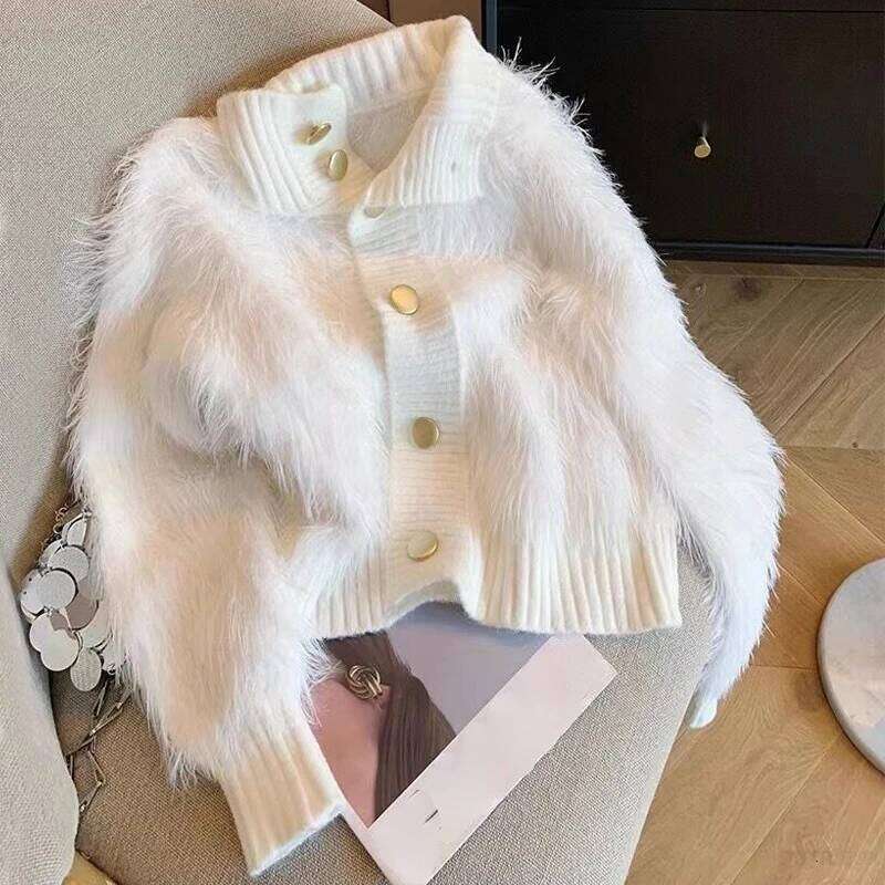 Mink Cashmere Temperament High Neck Sweaters Sueters De Mujer Korean Fashion Pull Femme Long Sleeve Short Cardigan Knitted Tops