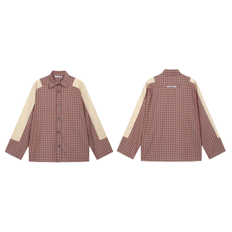 Harajuku Patch Contrast Color Checkered Shirts for Men and Women Turn-down Collar Oversized Casual Long Sleeve Fall Plaid Shirt