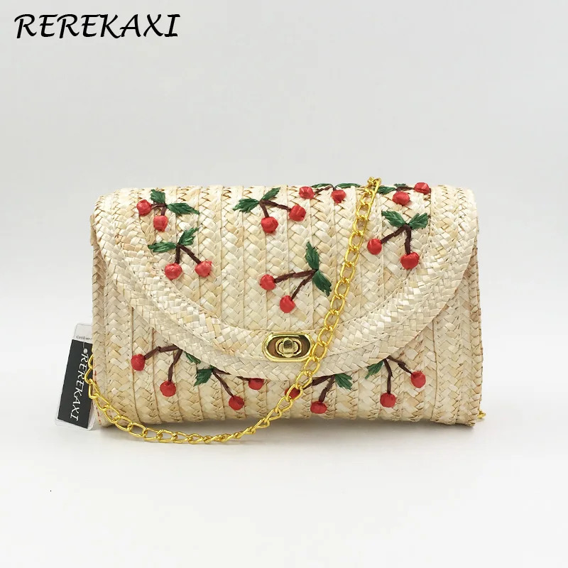 Wheat Straw Woven Women Shoulder Bag Bohemian Summer Beach Bags Cherry Banana Female Messenger Clutch Chain Flap Crossbody Bag 250624