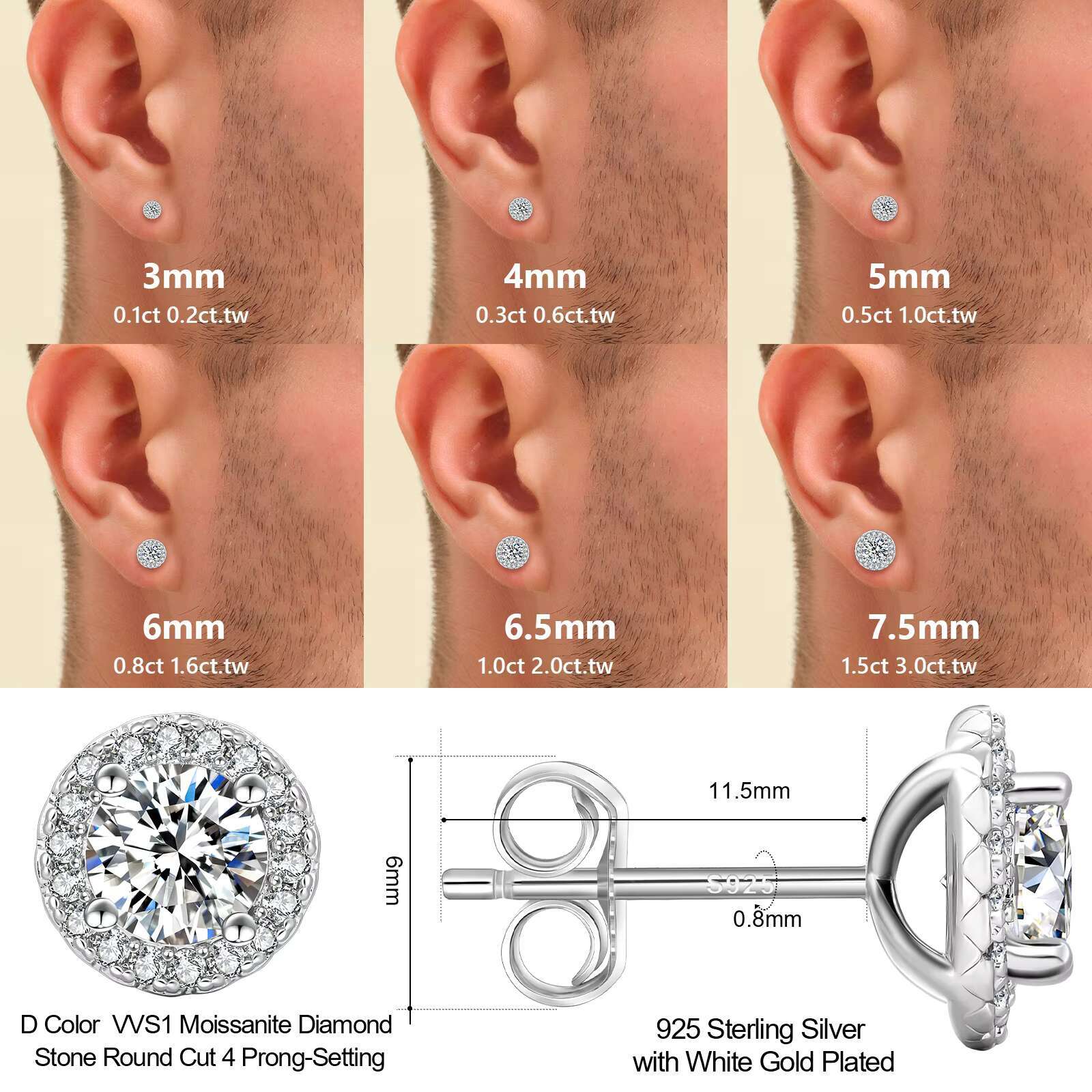 0.5CT 1CT 2CT 3CT Mossanite Stud VVS 925 Sterling Silver 14K Gold Plated Jewelry GRA Moissanite Diamond Earring for Women Men