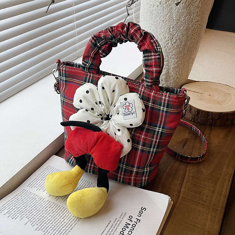 Korean Style High-End Simple Canvas Tote for Women 2025 Summer New Red Plaid Crossbody Bucket Bag