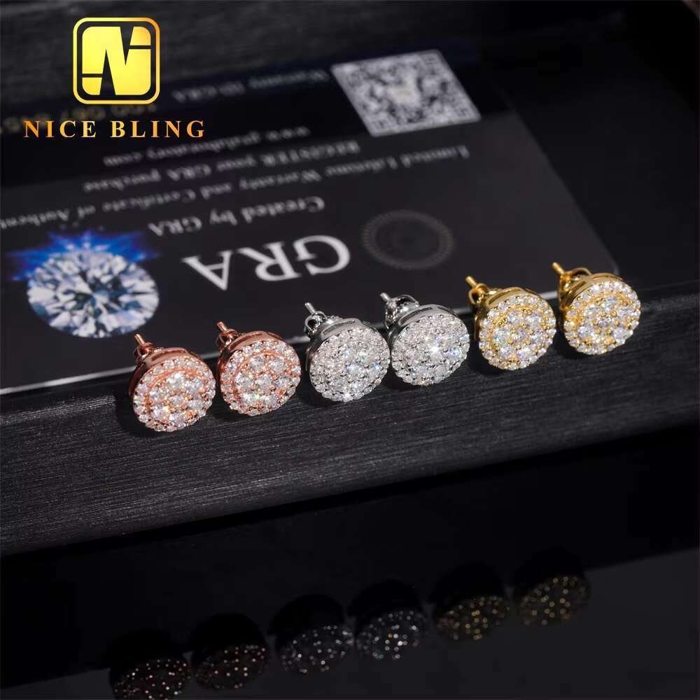 GRA Certificate Round Diamond Hip Hop Jewelry Iced Out Ear Studs 925 Sterling Silver Moissanite Stud Earring for Women