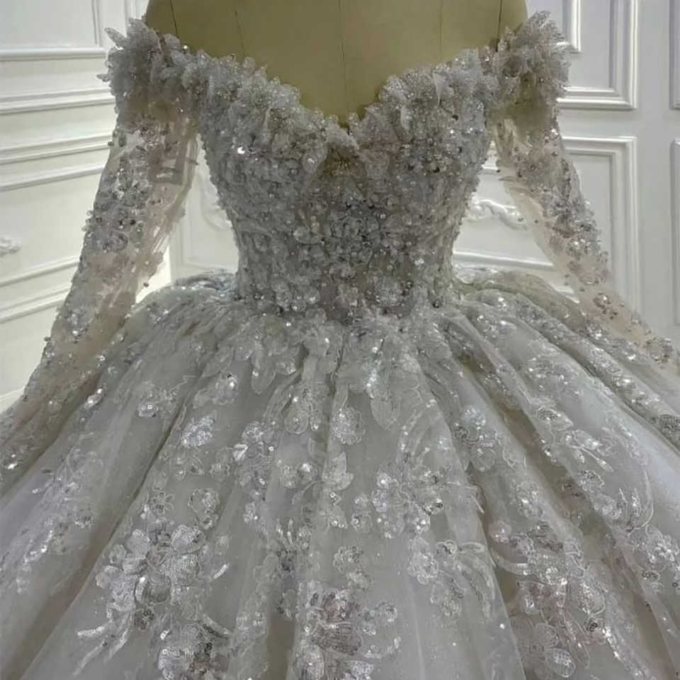 Luxury Full Beading Lace Long Sleeves Wedding Dresses Sequined High Neck Bridal Gowns Custom Made Glitter Vestido de novia