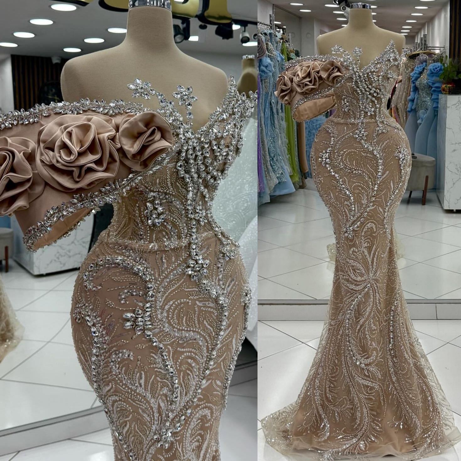 Champagne Mermaid Prom Dresses 2025 Illusion Crystals Flowers Evening Formal Party Second Birthday Engagement Gowns Plus Size Dress For Special Occasi