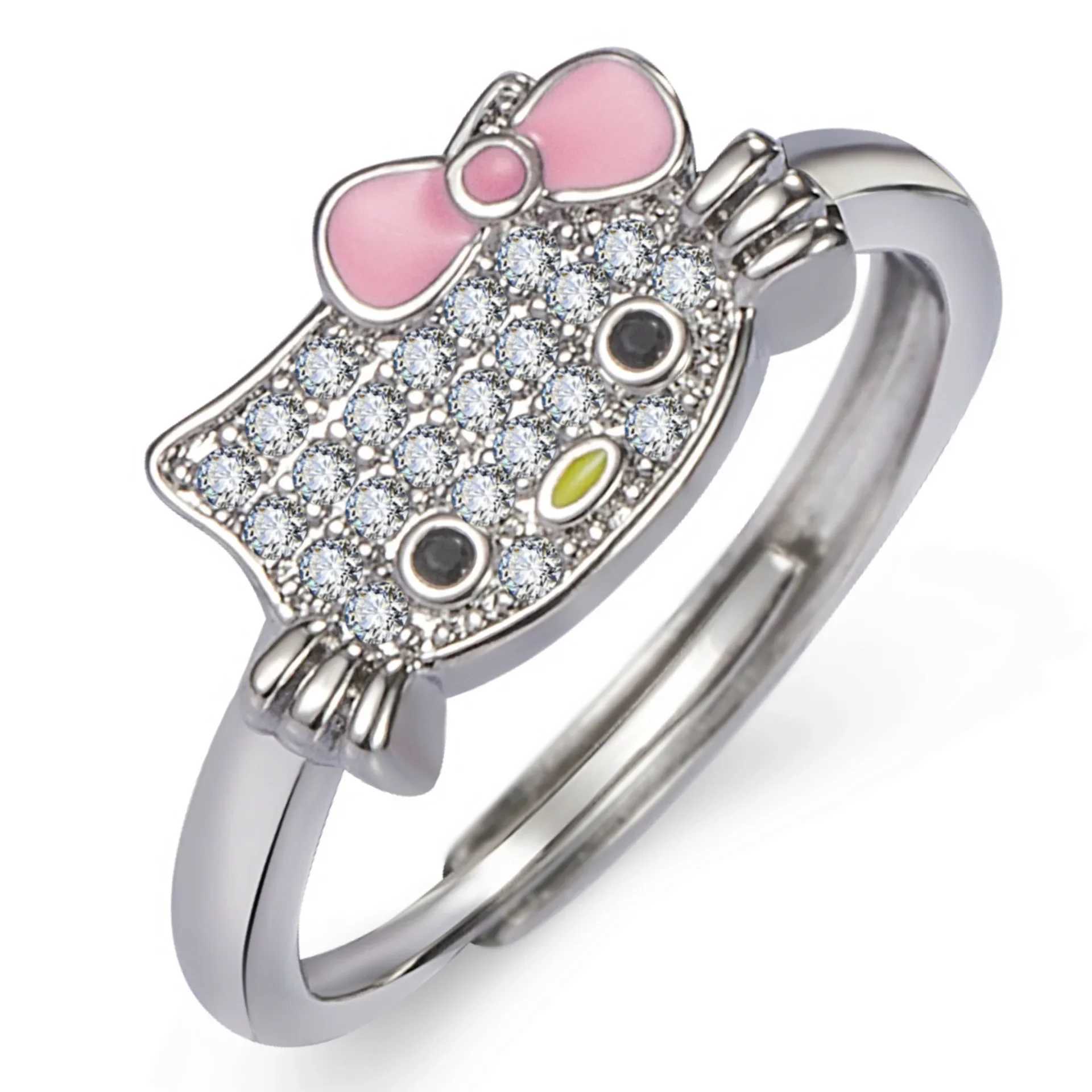 Sanrio Kawaii Hello Kitty Rhinestone Necklace Ring Adjustable Pendant Accessories Girls Toy Gift w250716