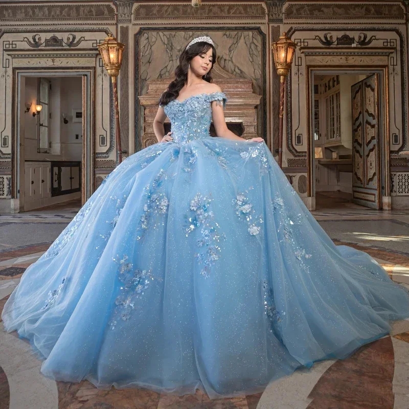 2025 Sky Blue Ball Gown Quinceanera Dresses Beading 3D Flower Applique Tull Birthday Party Mexican Sweet 16 Dress Vestidos De 15 Anos