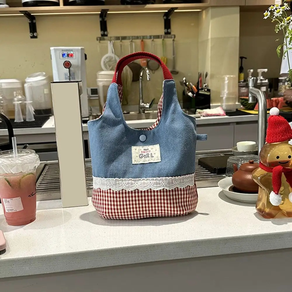 Korean INS Sweet Lace Handbag Leisure Denim Plaid Tote Bags Portable Bag Commuting Bag Denim Plaid Canvas Tote Bags Womens Bag 250624