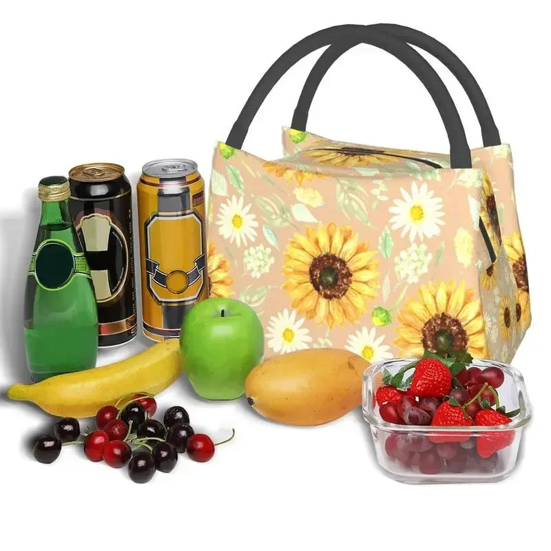 Sunflowers And Daisies Insulated Lunch Bags for Floral Flower Portable Cooler Thermal Food Lunch Box Outdoor Camping Travel 250624