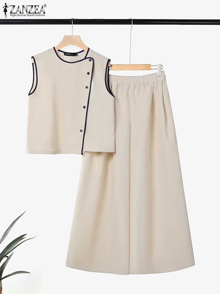2025 ZANZEA Summer Sleeveless Blouse Trousers Suit Fashion 2PC Outfits Elegant OL Work Tracksuit Pant Sets Two Pieces Set 250614