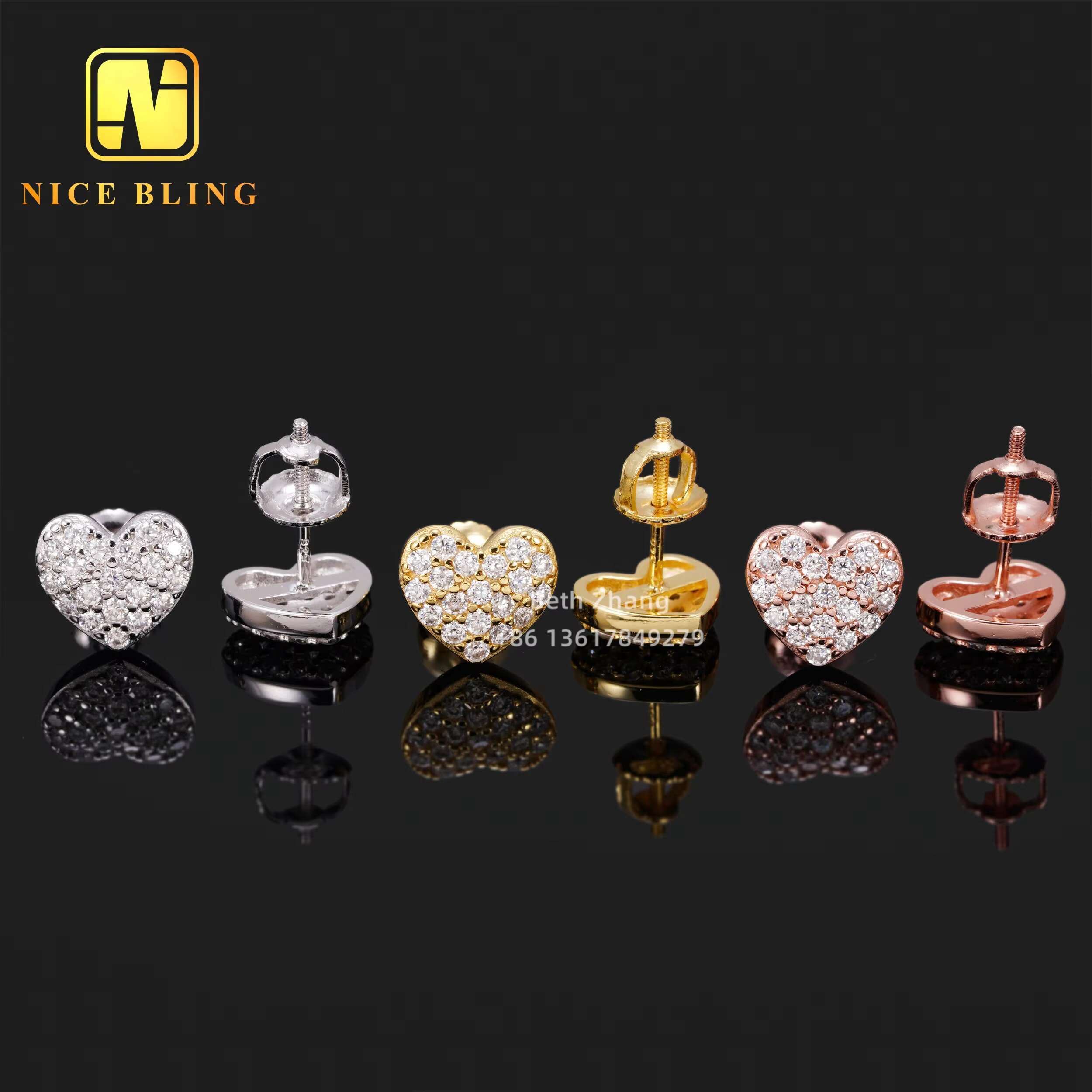 Iced Out Jewelry VVS Moissanite Diamond Earrings Hip Hop Heart Shape Ear Studs for Men Women