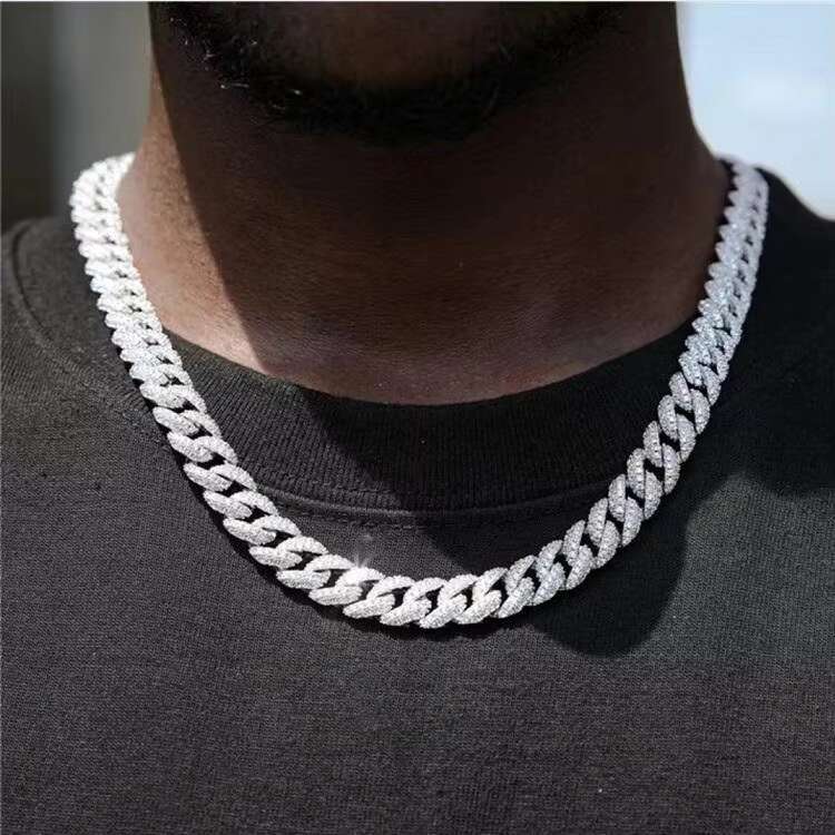Hiphop Jewelry 16mm 925 Sterling Silver Necklace D Color VVS Moissanite Cuban Miami Link Chain Necklace