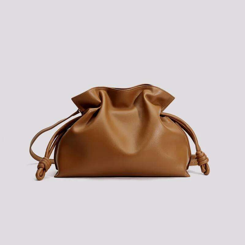 Genuine Leather Dumpling New Drawstring Brand Women Designer Pleated Cowhide Solid Color Shoulder Green Messenger Bag