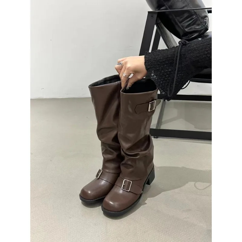 Woman Boots Knee High Platform Chunky Heels Trend Punk Gothic Rock Leather Fashion Womens Shoes Motorcycle Footwear 250623