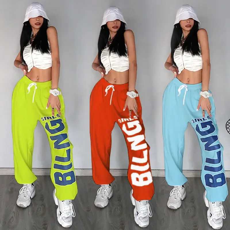 American retro letter print trousers womens 2021 new sports hip-hop trend casual pants dance jazz performance loose pants X250625