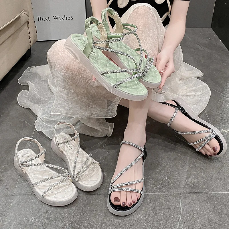 Flat-heeled Sandal Woman Rhinestone Comfortable Sandals for Women Summer Without Heel Elegant Roman Fashion 250624