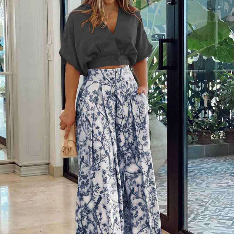 Autumn Shirt Top V-Neck Print Wide-Leg Pants Fashion Set B5