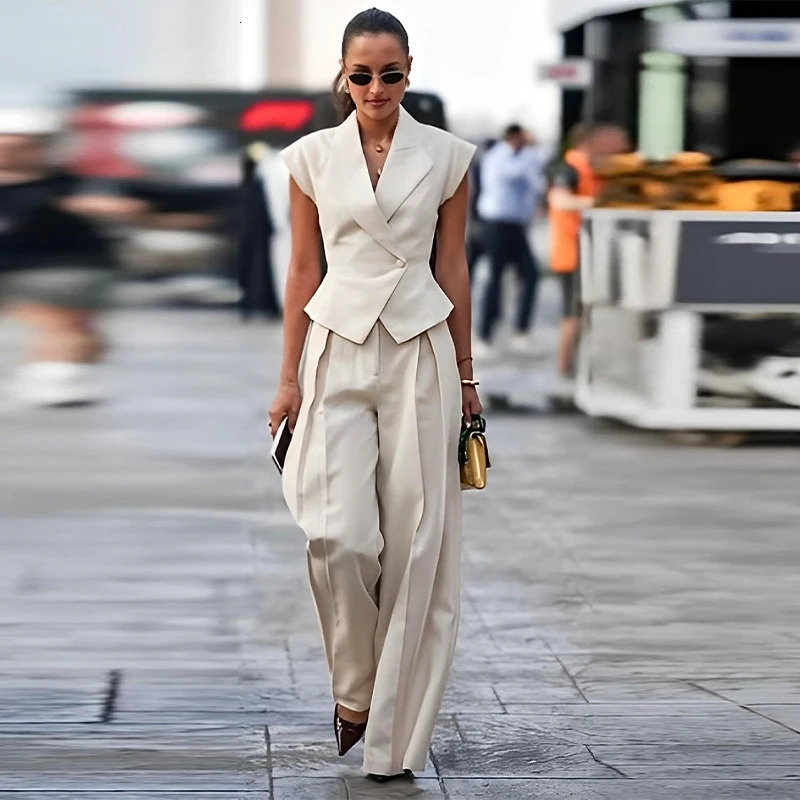 Womens Chic Top Pant Suit Lapel Sleeveless Vneck Slimming Tops Loose Straight Through Pants 2025 Summer Outfits 250616